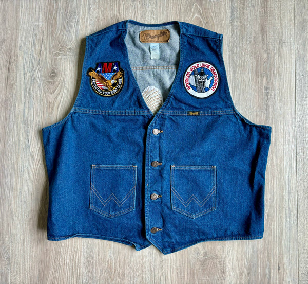 Large - Vintage 80s Wrangler Western Denim Western / Biker Vest with Patches (Eagle, etc)