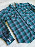 Vintage 80s Greatland Green Black Gray Plaid Flannel Western Pearlsnap Shirt (Med/Lrg)