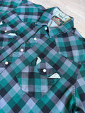 Vintage 80s Greatland Green Black Gray Plaid Flannel Western Pearlsnap Shirt (Med/Lrg)