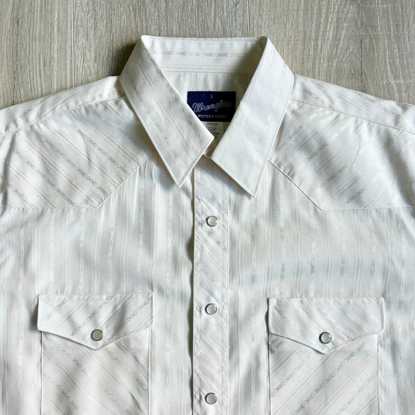 Large - Vintage 80s Cream Striped Polyester Western Pearlsnap Shirt