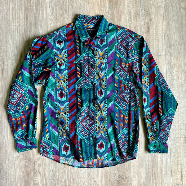Women's Med - Vintage 90s Frontier Series Wild Abstract Green Aztec Button Up Western Shirt