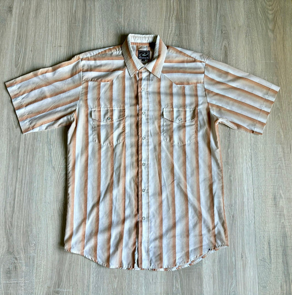 M/L - Classic Roper Brown / White / Gold Striped Short Sleeve Western Pearlsnap Shirt