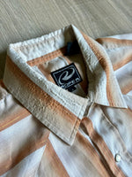 M/L - Classic Roper Brown / White / Gold Striped Short Sleeve Western Pearlsnap Shirt