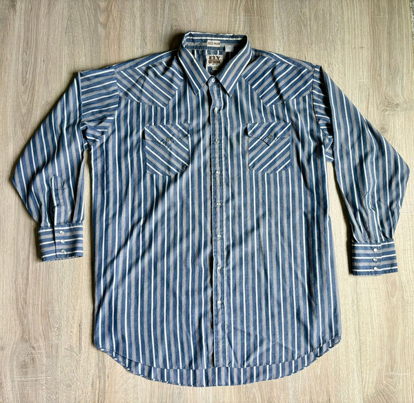 2X/3X - Vintage 90s ELY Blue White / Beige Striped Western Pearlsnap Shirt