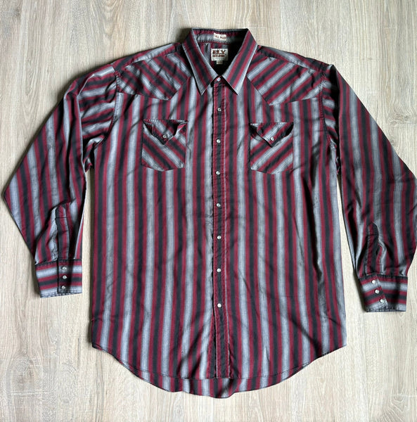 2X/3X - Vintage 90s ELY Red Black / Gray Striped Western Pearlsnap Shirt