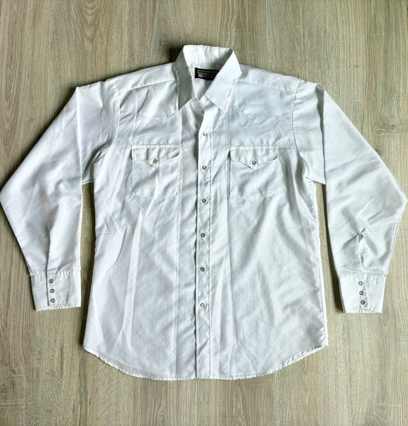 Large - Vintage 80s Panhandle Slim White Arrow Print Striped Polyester Western Pearlsnap Shirt