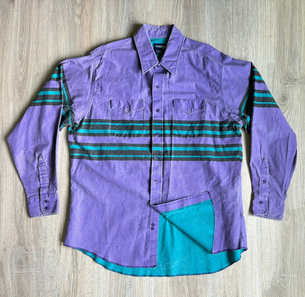 XL - Vintage 90s Wrangler Purple / Turquoise Striped Button Up Western Brush Popper Shirt