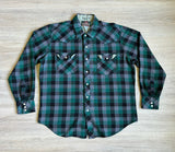 Vintage 80s Greatland Green Black Gray Plaid Flannel Western Pearlsnap Shirt (Med/Lrg)