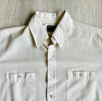 Large - Vintage 70s JC Penny Cream Ribbed / Striped Short Sleeve Cropped Button Up Leisure Shirt