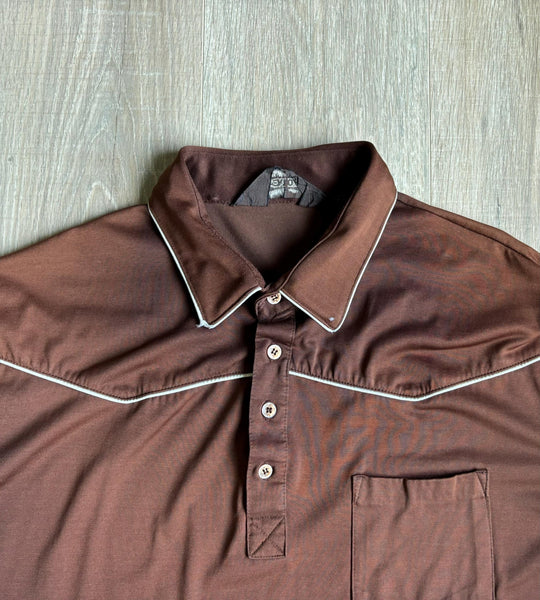 Large - Vintage 70s Fenton Brown Polyester Short Sleeve Shirt w/ Western Piping