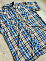 XL - Vintage 90s Wrangler Beige / Blue Plaid Western Short Sleeve Pearlsnap Shirt