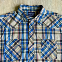 XL - Vintage 90s Wrangler Beige / Blue Plaid Western Short Sleeve Pearlsnap Shirt