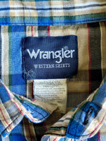 XL - Vintage 90s Wrangler Beige / Blue Plaid Western Short Sleeve Pearlsnap Shirt