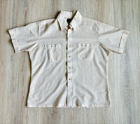 Large - Vintage 70s JC Penny Cream Ribbed / Striped Short Sleeve Cropped Button Up Leisure Shirt