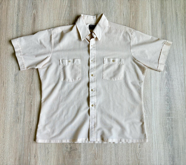 Large - Vintage 70s JC Penny Cream Ribbed / Striped Short Sleeve Cropped Button Up Leisure Shirt