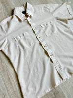 Large - Vintage 70s JC Penny Cream Ribbed / Striped Short Sleeve Cropped Button Up Leisure Shirt