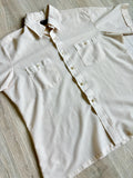 Large - Vintage 70s JC Penny Cream Ribbed / Striped Short Sleeve Cropped Button Up Leisure Shirt