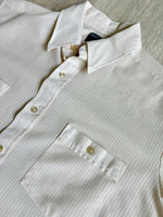 Large - Vintage 70s JC Penny Cream Ribbed / Striped Short Sleeve Cropped Button Up Leisure Shirt