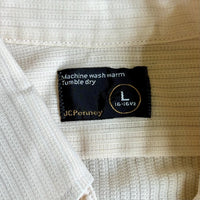Large - Vintage 70s JC Penny Cream Ribbed / Striped Short Sleeve Cropped Button Up Leisure Shirt
