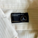 Large - Vintage 70s JC Penny Cream Ribbed / Striped Short Sleeve Cropped Button Up Leisure Shirt