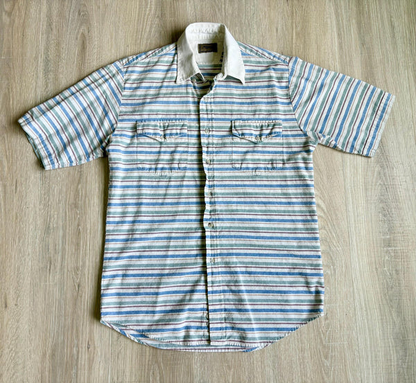 Medium - Vintage 90s Roper White Green Blue Striped Short Sleeve Button Up Western Shirt
