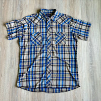 XL - Vintage 90s Wrangler Beige / Blue Plaid Western Short Sleeve Pearlsnap Shirt