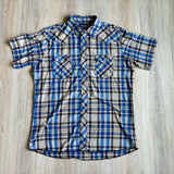 XL - Vintage 90s Wrangler Beige / Blue Plaid Western Short Sleeve Pearlsnap Shirt
