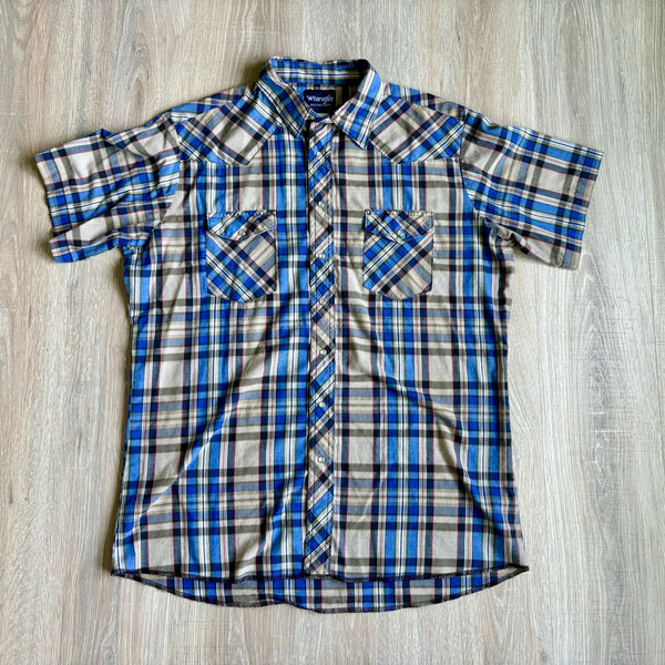 XL - Vintage 90s Wrangler Beige / Blue Plaid Western Short Sleeve Pearlsnap Shirt
