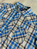 XL - Vintage 90s Wrangler Beige / Blue Plaid Western Short Sleeve Pearlsnap Shirt