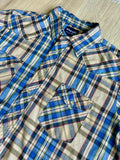 XL - Vintage 90s Wrangler Beige / Blue Plaid Western Short Sleeve Pearlsnap Shirt
