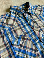 XL - Vintage 90s Wrangler Beige / Blue Plaid Western Short Sleeve Pearlsnap Shirt