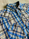 XL - Vintage 90s Wrangler Beige / Blue Plaid Western Short Sleeve Pearlsnap Shirt