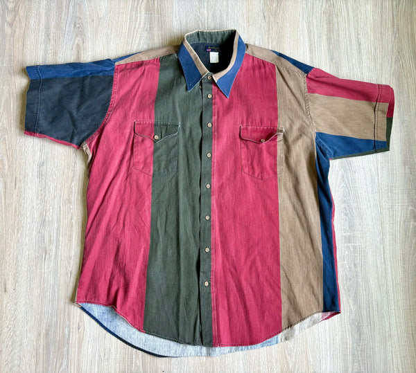 XXL - Vintage 90s Ruddock Red Green blue Beige Striped Western Short Sleeve Button Up Shirt