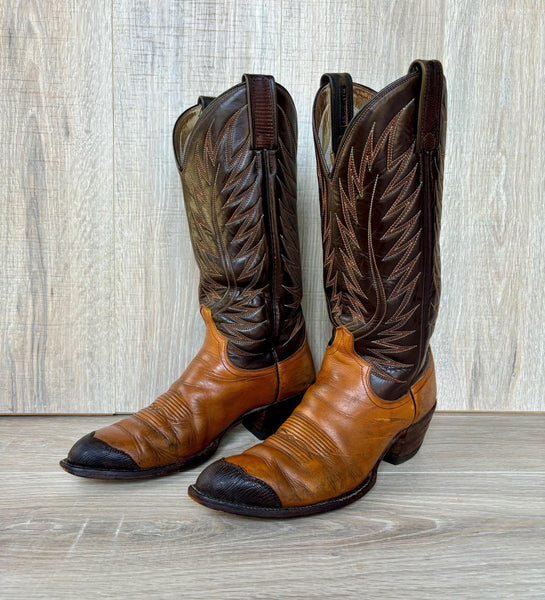 Size 7.5 Women's Vintage Dan Post Burnt Orange / Brown Leather w/ Lizzard Tip Cowboy Boots