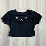 Medium - Vintage 90s Black Custom Fringe Cropped Western T-Shirt w/ Conchos