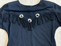 Medium - Vintage 90s Black Custom Fringe Cropped Western T-Shirt w/ Conchos