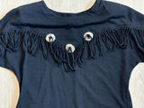 Medium - Vintage 90s Black Custom Fringe Cropped Western T-Shirt w/ Conchos