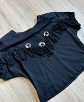 Medium - Vintage 90s Black Custom Fringe Cropped Western T-Shirt w/ Conchos