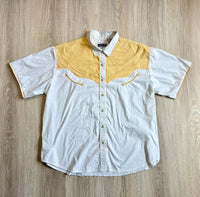 L/XL - Classic Panhandle Slim White/Yellow Western Short Sleeve Pearlsnap Shirt w/ Smile Pockets