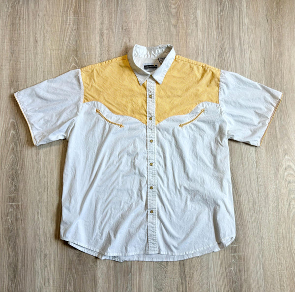L/XL - Classic Panhandle Slim White/Yellow Western Short Sleeve Pearlsnap Shirt w/ Smile Pockets