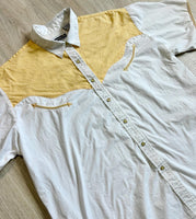 L/XL - Classic Panhandle Slim White/Yellow Western Short Sleeve Pearlsnap Shirt w/ Smile Pockets