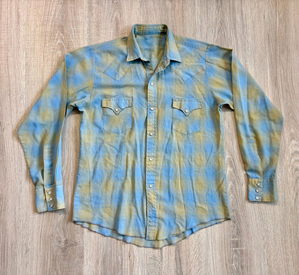 Small - Vintage 60s Blue/Green/Yellow Plaid Western Pearlsnap Shirt