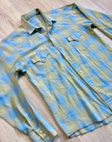 Small - Vintage 60s Blue/Green/Yellow Plaid Western Pearlsnap Shirt