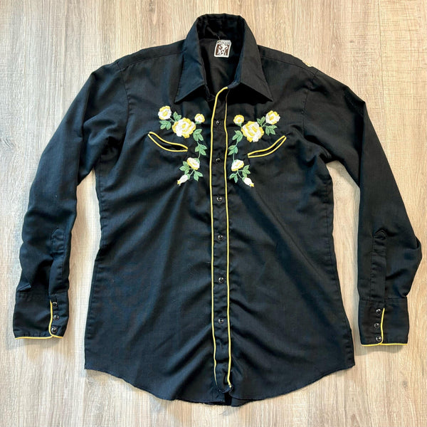 Medium - Vintage 70s Karman Black / Yellow Floral Embroidered Pearlsnap Shirt