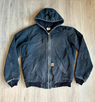 Vintage 90s Black Carhartt Faded & Distressed Hooded Jacket (Men's Medium)