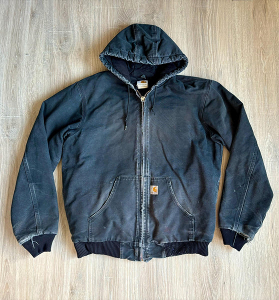 Vintage 90s Black Carhartt Faded & Distressed Hooded Jacket (Men's Medium)