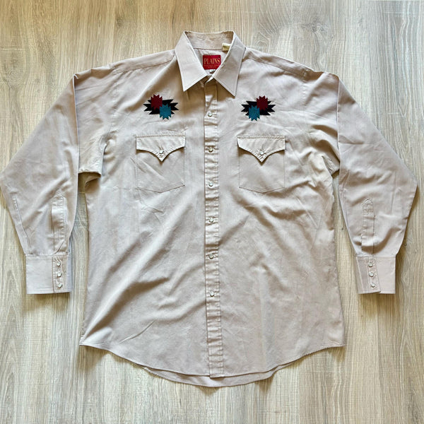 XL - Vintage 90s ELY Plains Pearlsnap Western Shirt Brown w/Embroidered Southwest / Aztec Design