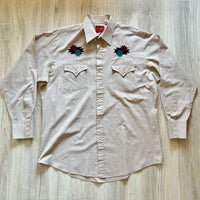 XL - Vintage 90s ELY Plains Pearlsnap Western Shirt Brown w/Embroidered Southwest / Aztec Design