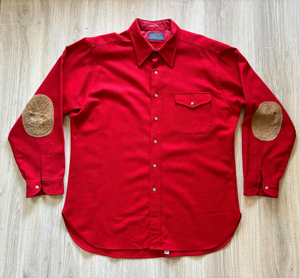 Large - Vintage 60s Pendleton Solid Red Wool Button Up Elbow Patch Trail Shirt