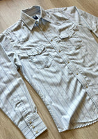 Med/Lrg - Vintage 90s Wrangler Baby Blue / Navy Pin Striped Pearlsnap Polyester Western Shirt
